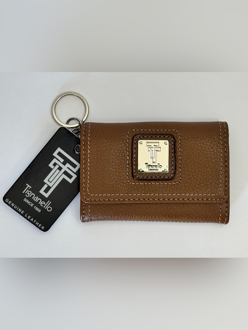 Tignanello Cognac Leather Bifold Wallet Keychain ID Holder NWT